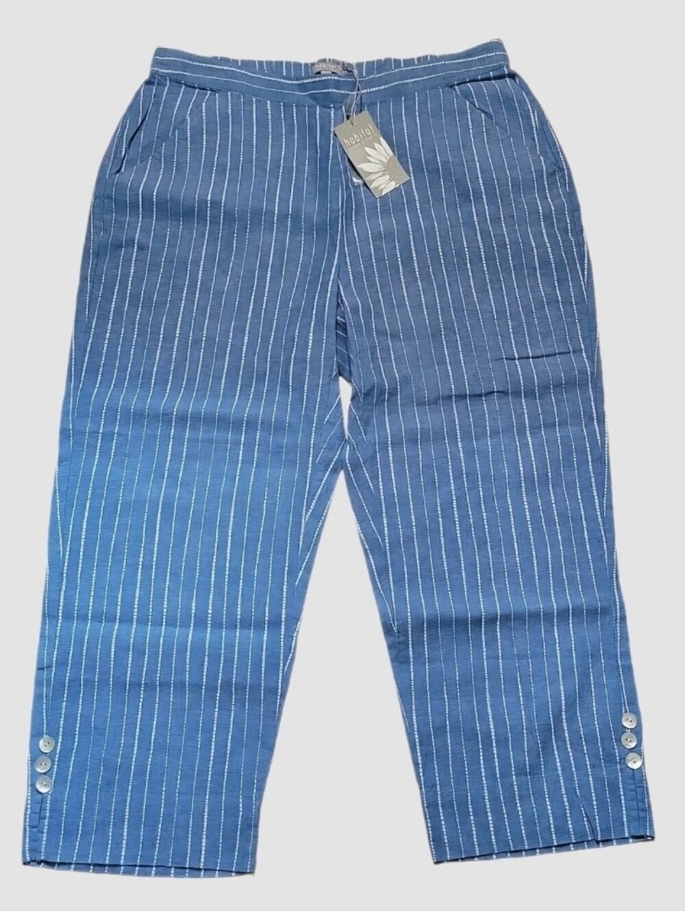 Habitat Linen Blend Cropped Striped Pants With Pearl Buttons Size L New W/tags